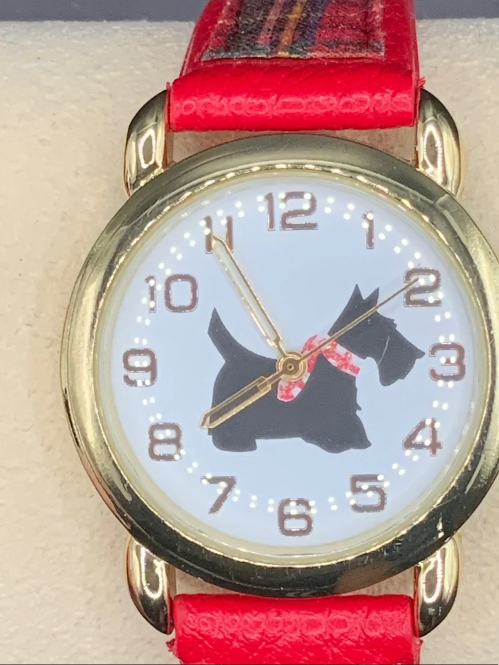 Red Plaid Women's Fashion Watch with Gold Case